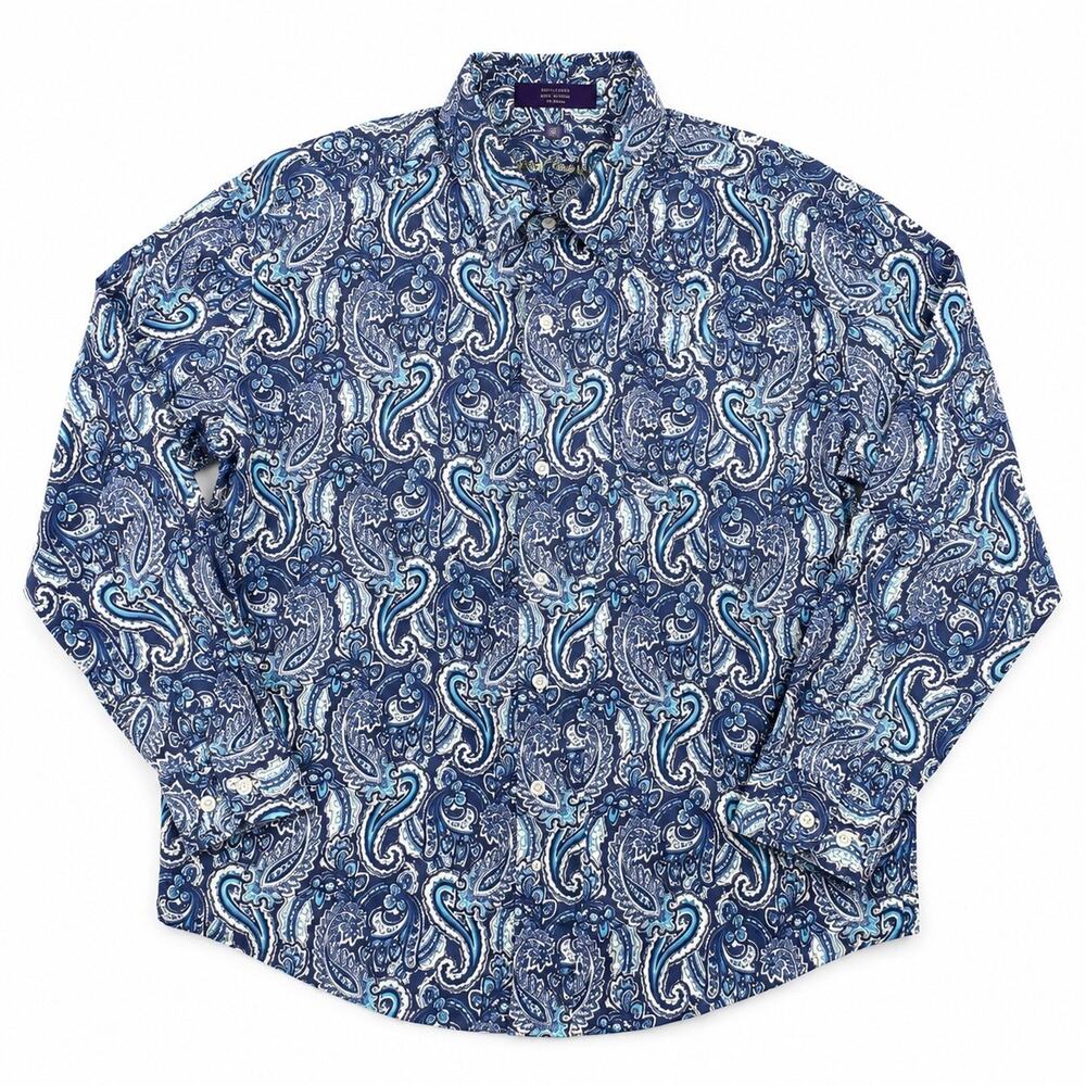 Alan Flusser Men XL Blue Jewel Paisley Print Button Up Front Cotton Long Sleeve